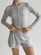 Komplet longsleeve i szorty, dzianina prążkowana, szary