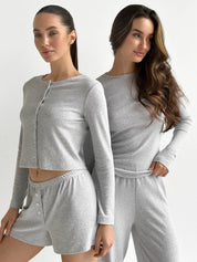 Komplet longsleeve i szorty, dzianina prążkowana, szary