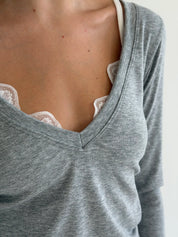 Longsleeve Soft Touch z dzianiny z dekoltem w serek, szary