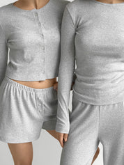 Komplet, dzianina prążkowana, szerokie spodnie i longsleeve, szary