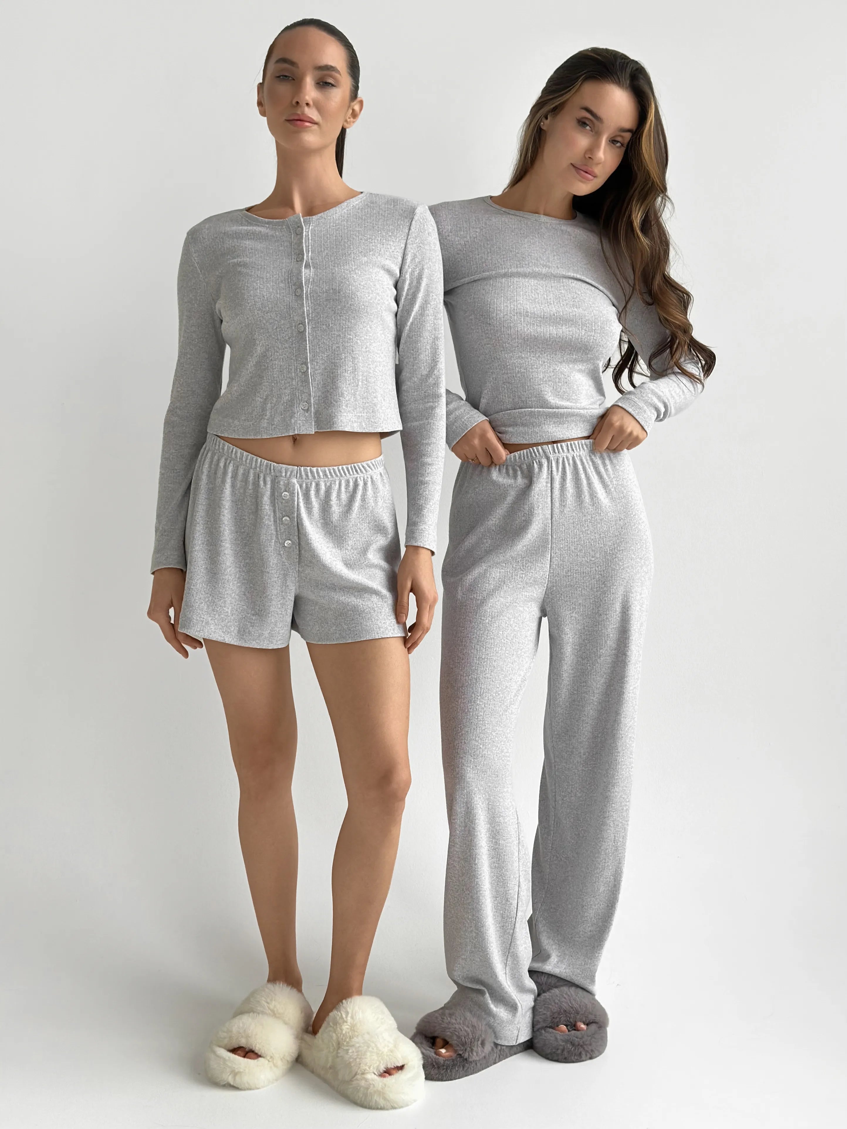 Komplet, dzianina prążkowana, szerokie spodnie i longsleeve, szary