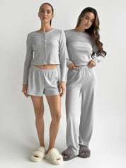 Komplet longsleeve i szorty, dzianina prążkowana, szary