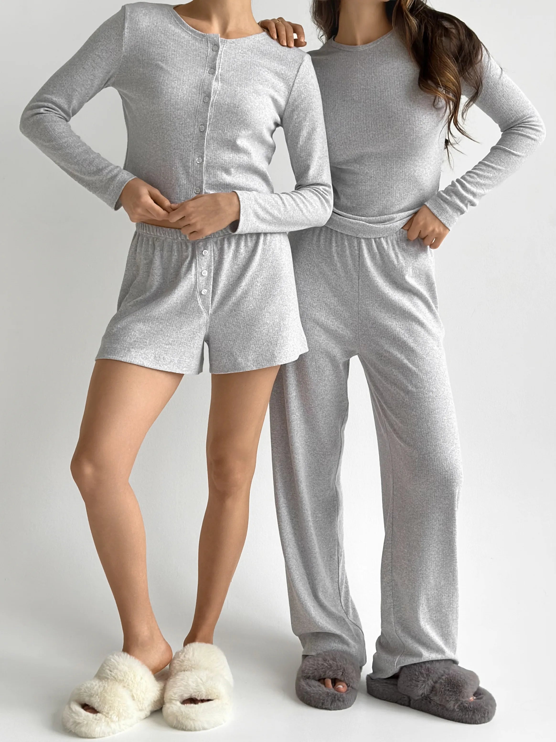 Komplet longsleeve i szorty, dzianina prążkowana, szary