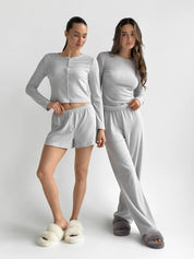Komplet longsleeve i szorty, dzianina prążkowana, szary