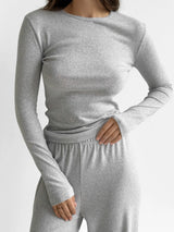 Komplet, dzianina prążkowana, szerokie spodnie i longsleeve, szary