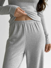 Komplet, dzianina prążkowana, szerokie spodnie i longsleeve, szary
