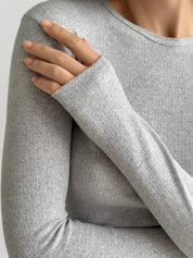 Komplet, dzianina prążkowana, szerokie spodnie i longsleeve, szary