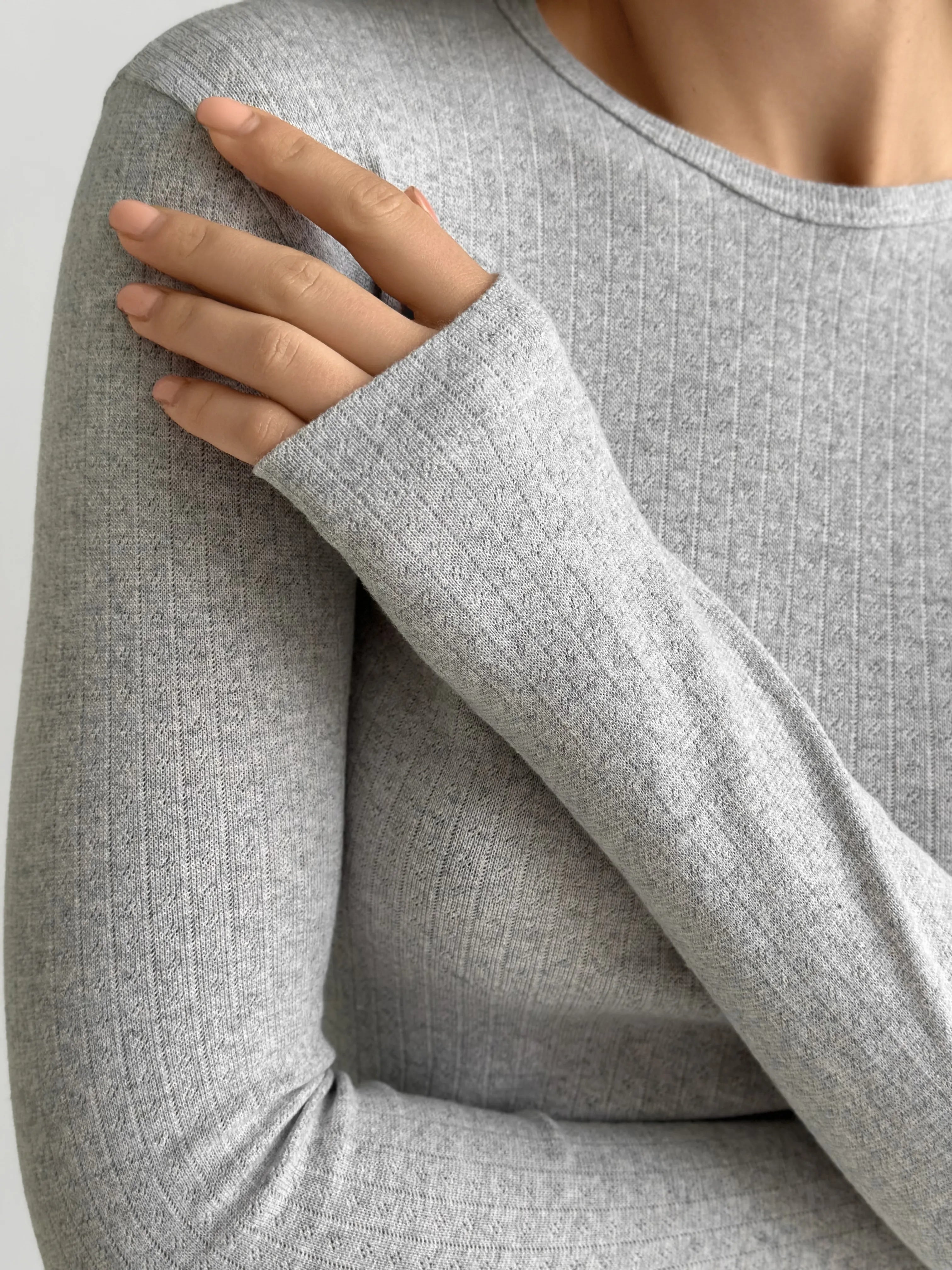 Komplet, dzianina prążkowana, szerokie spodnie i longsleeve, szary