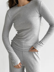 Komplet, dzianina prążkowana, szerokie spodnie i longsleeve, szary
