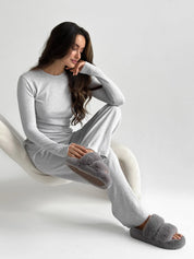 Komplet, dzianina prążkowana, szerokie spodnie i longsleeve, szary
