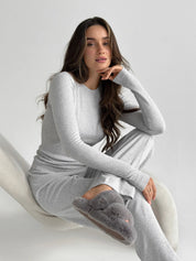 Komplet, dzianina prążkowana, szerokie spodnie i longsleeve, szary
