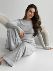 Komplet, dzianina prążkowana, szerokie spodnie i longsleeve, szary