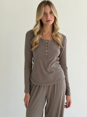 Komplet Soft Touch z dzianiny longsleeve i spodnie, beżowy