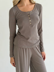 Komplet Soft Touch z dzianiny longsleeve i spodnie, beżowy