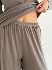 Komplet Soft Touch z dzianiny longsleeve i spodnie, beżowy