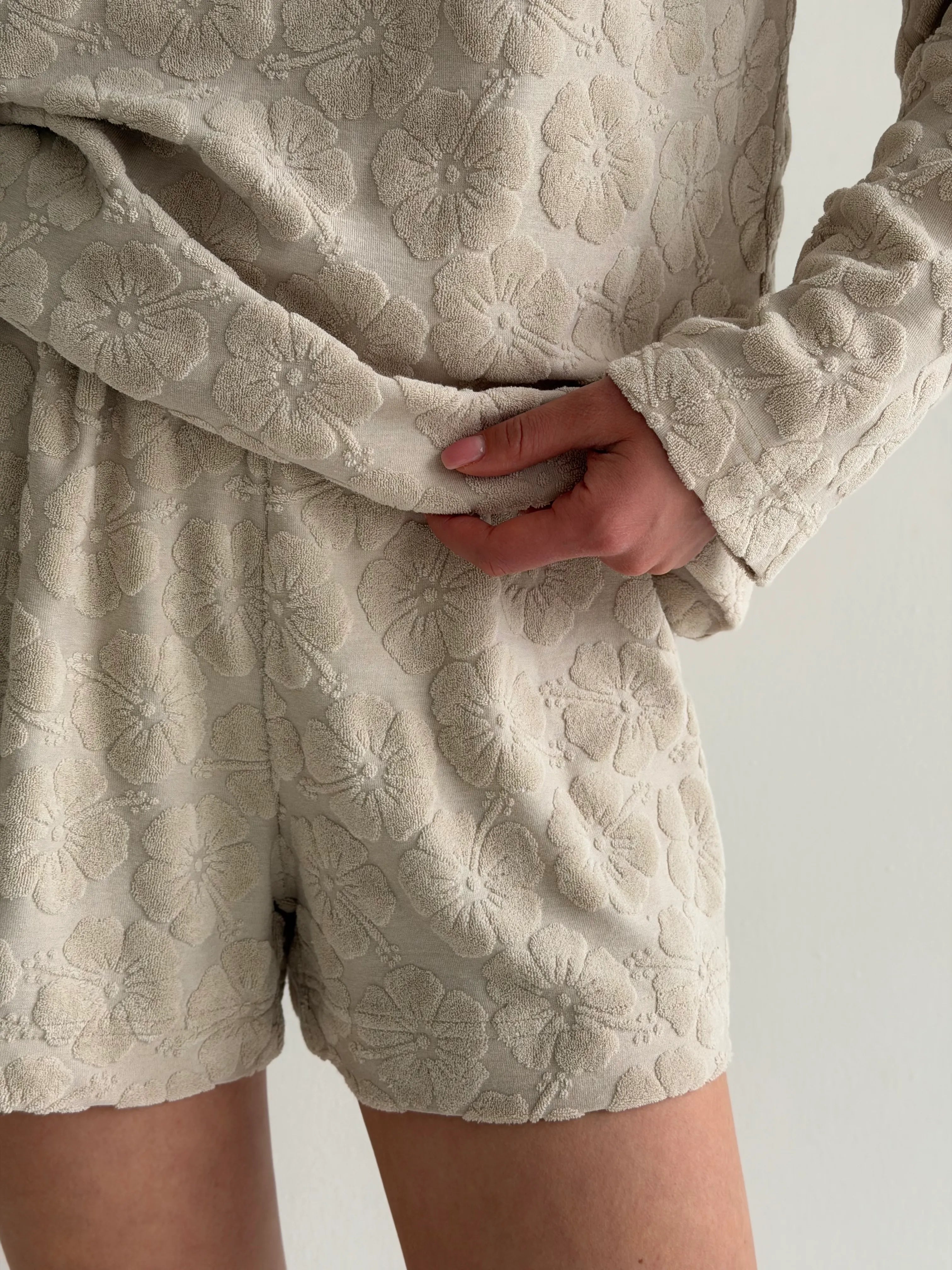 Komplet longsleeve i szorty frotte melanż