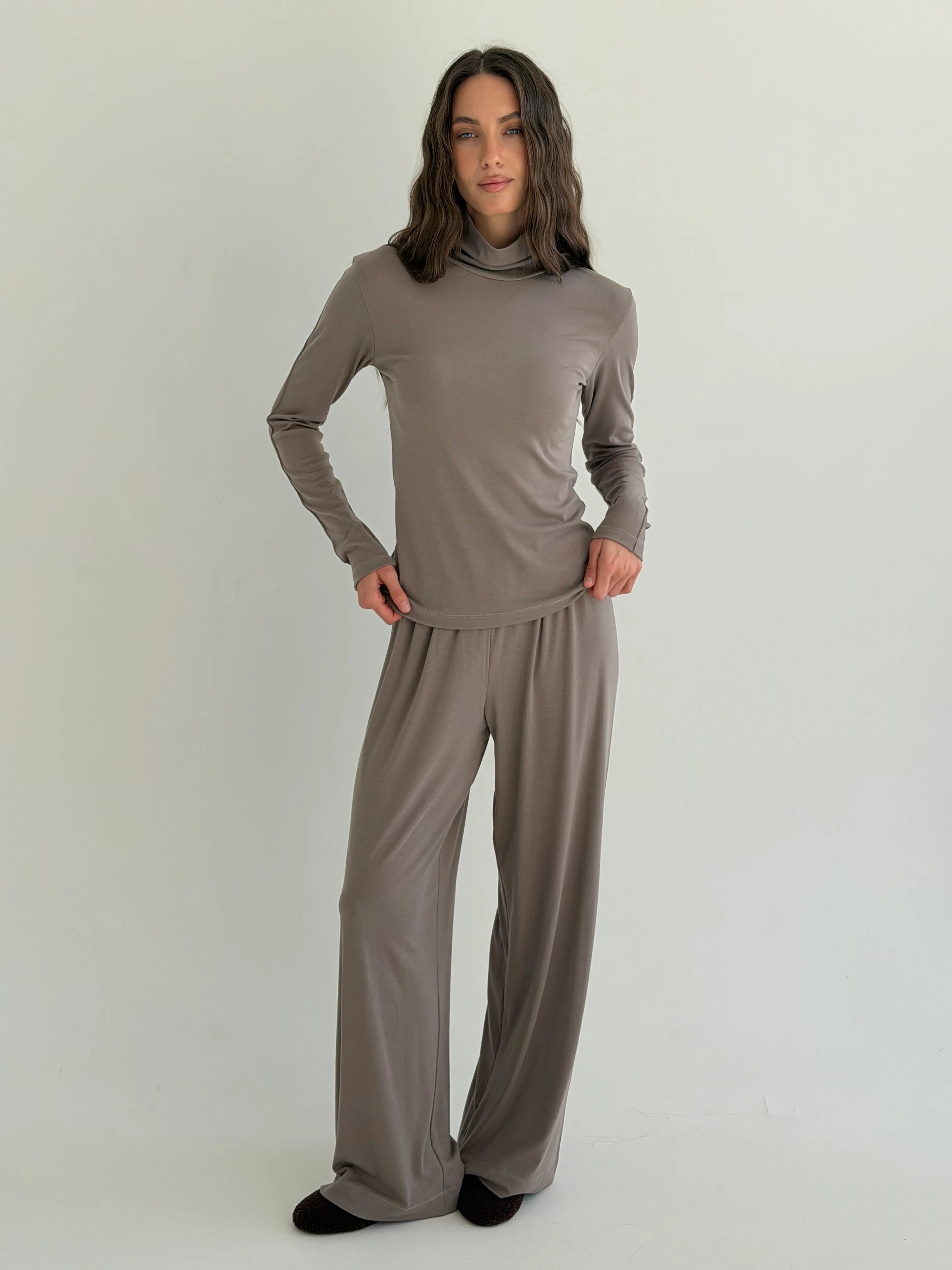 Longsleeve Soft Touch z dzianiny z wysokim kołnierzem, beżowy