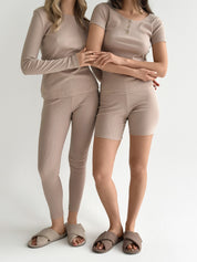 Legginsy, dzianina prążkowana, beżowe