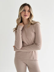 Koszulka longsleeve, z dzianiny prążkowanej, beżowa