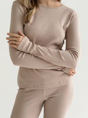 Koszulka longsleeve, z dzianiny prążkowanej, beżowa
