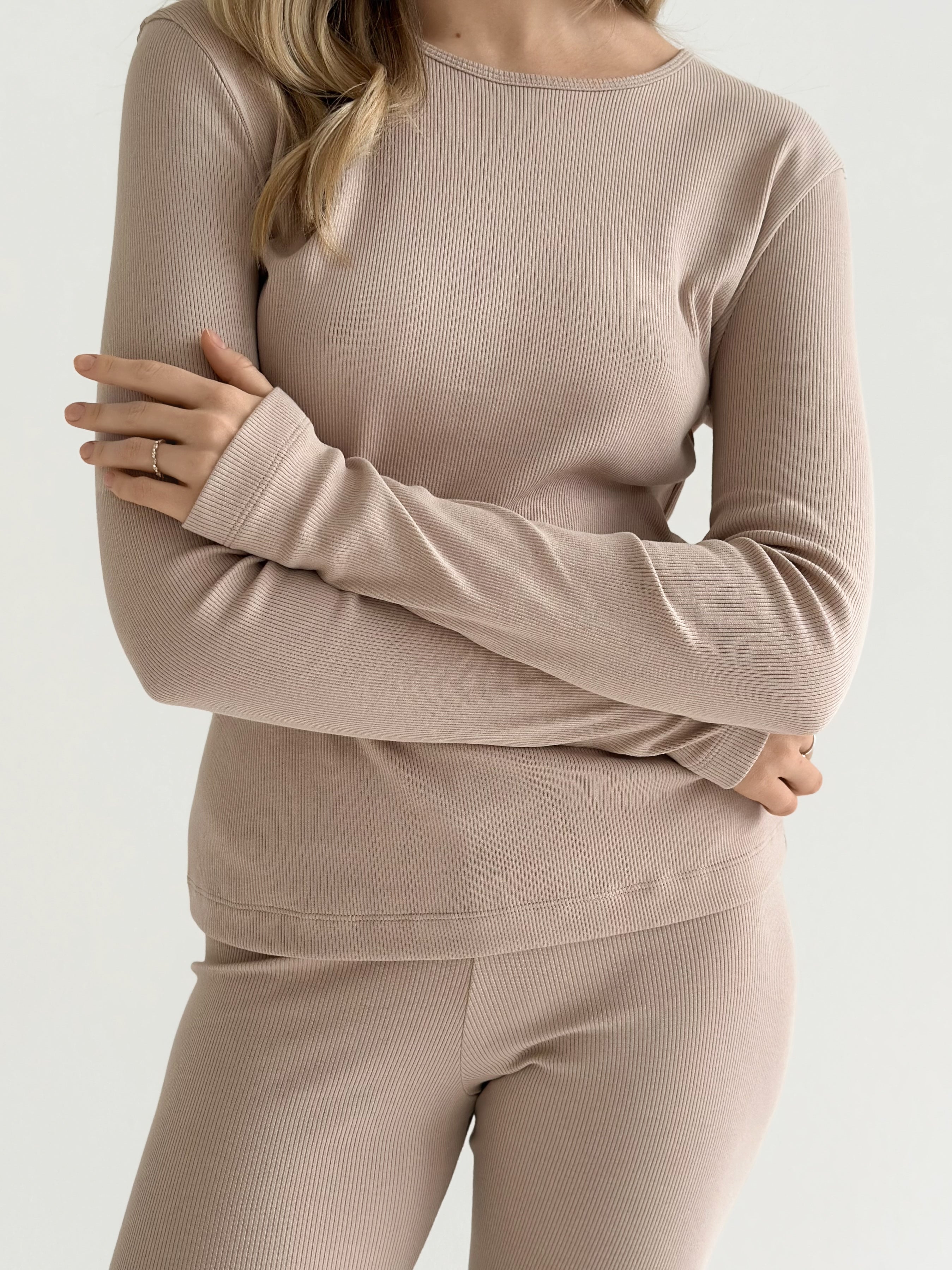 Koszulka longsleeve, z dzianiny prążkowanej, beżowa