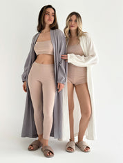 Legginsy, dzianina prążkowana, beżowe