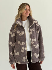 Bluza TEDDY na zamek ze stójką, biała w kwiaty