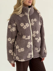 Bluza TEDDY na zamek ze stójką, biała w kwiaty