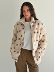 Bluza TEDDY na zamek ze stójką, czarna w groszki