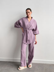 Komplet kimono i spodnie z muślinu dwuwarstwowego, fioletowy