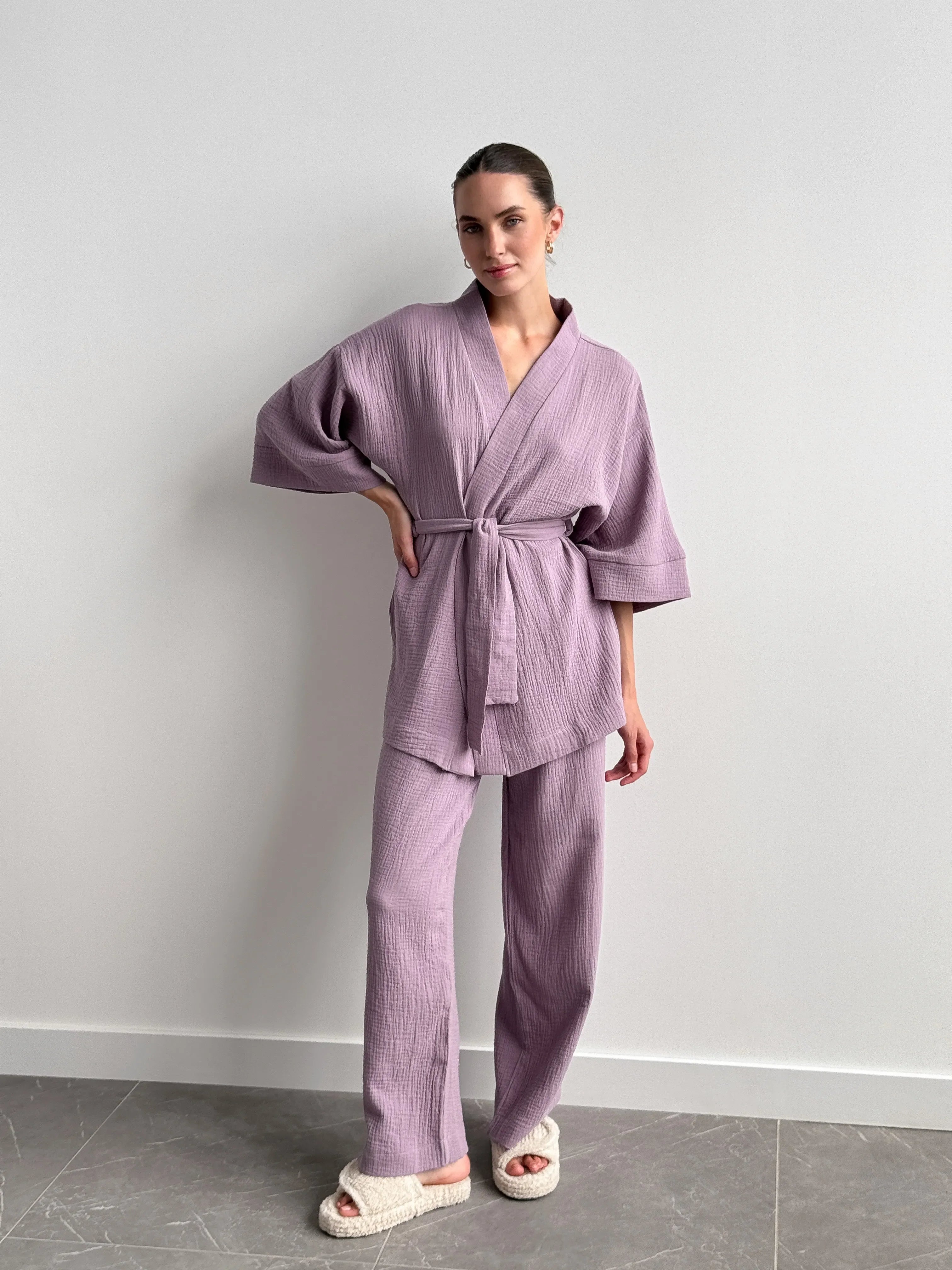 Komplet kimono i spodnie z muślinu dwuwarstwowego, fioletowy