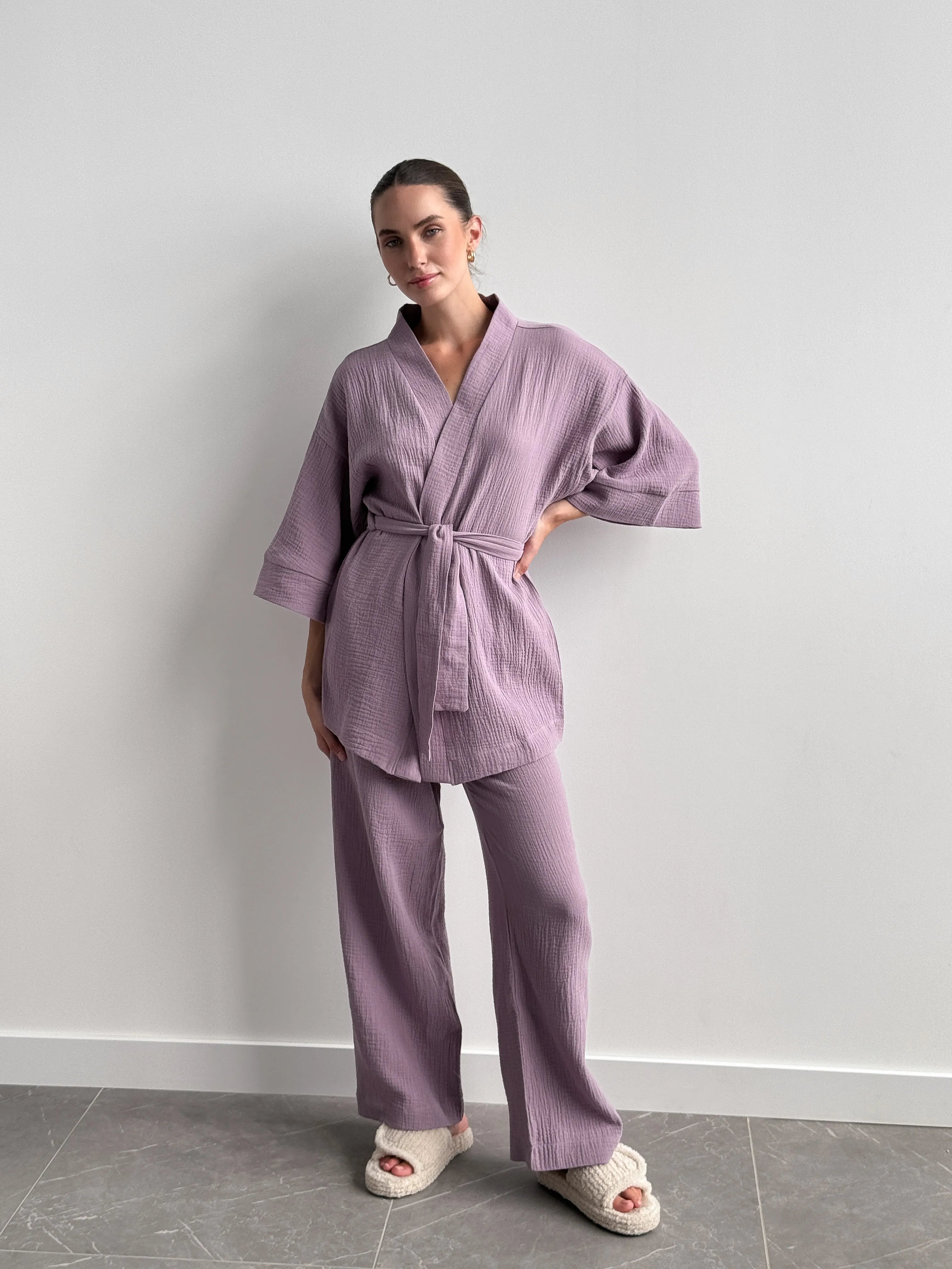 Komplet kimono i spodnie z muślinu dwuwarstwowego, fioletowy
