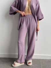 Komplet kimono i spodnie z muślinu dwuwarstwowego, fioletowy