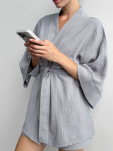 Komplet szlafrok krótki kimono i szorty, z muślinu dwuwarstwowego, szary