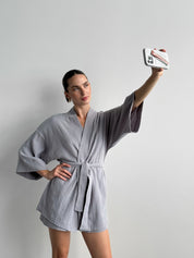 Komplet szlafrok krótki kimono i szorty, z muślinu dwuwarstwowego, szary