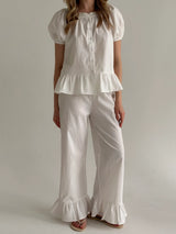 Komplet bluzka i spodnie z falbanami bawełniane, mleczny