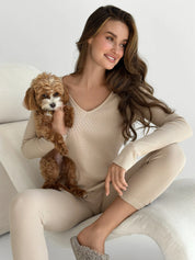 Longsleeve raglan, dzianina waflowa, beżowy