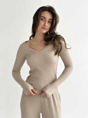 Komplet longsleeve raglan i spodnie, dzianina waflowa, beżowy