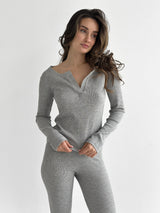 Komplet longsleeve ze stójką i legginsy, dzianina waflowa, szary