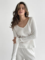 Komplet longsleeve raglan i spodnie, dzianina waflowa, mleczny