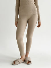 Komplet longsleeve ze stójką i legginsy, dzianina waflowa, beżowy