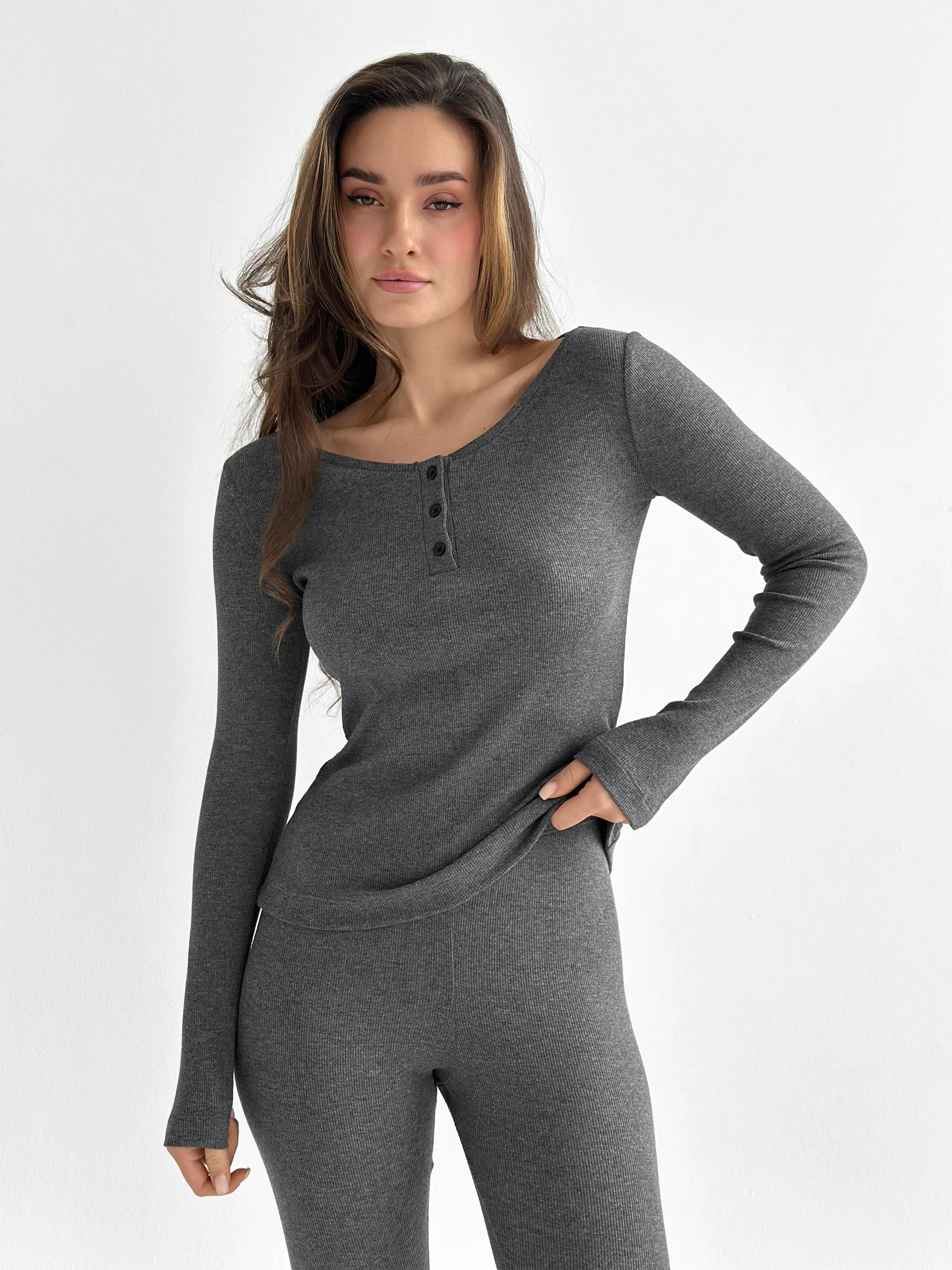 Koszulka longsleeve, dzianina prążkowana, antracytowa