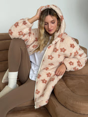 Bluza TEDDY na zamek z kapturem, brązowa w kwiaty