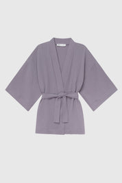 Komplet szlafrok krótki kimono i szorty, z muślinu dwuwarstwowego, szary