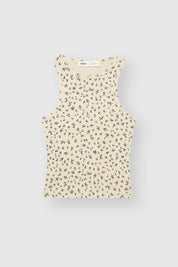 Koszulka bez rękawów dzianina prążkowana, mleczny w granatowe kwiatki