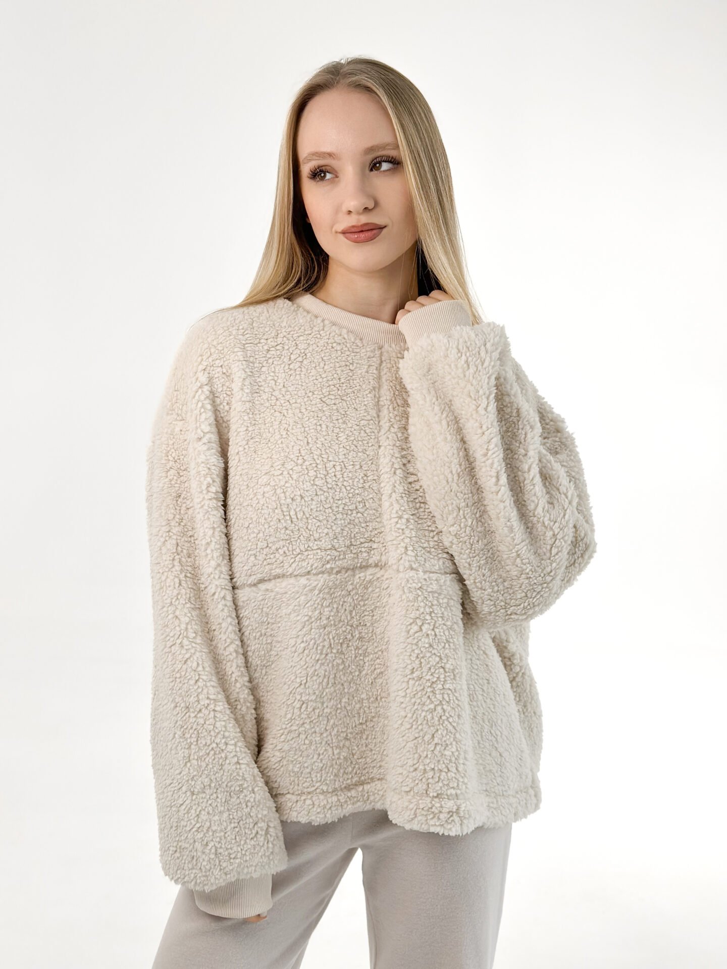 Bluza TEDDY z okantowaniem, z pluszu, mleczna