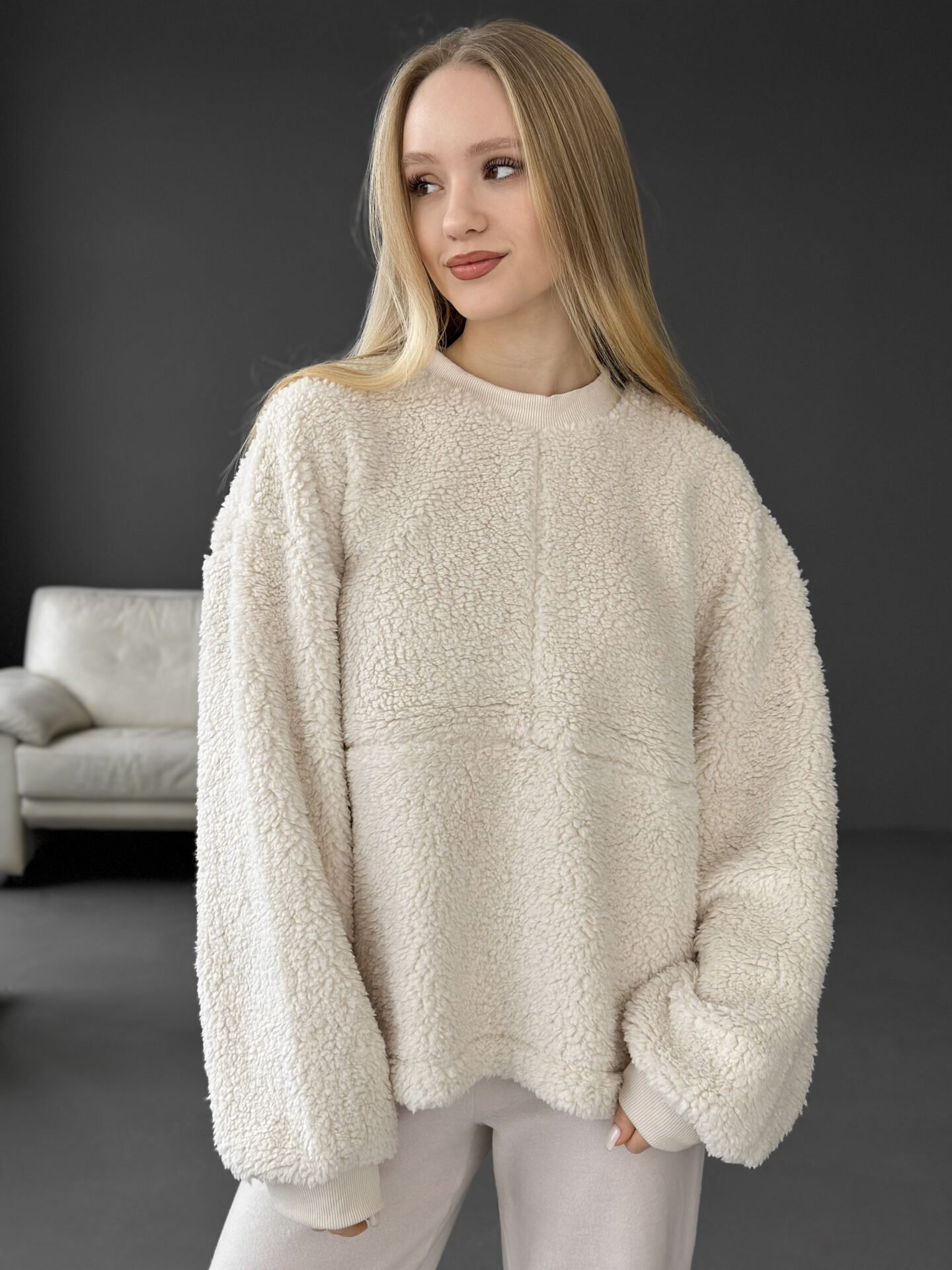 Bluza TEDDY z okantowaniem, z pluszu, mleczna