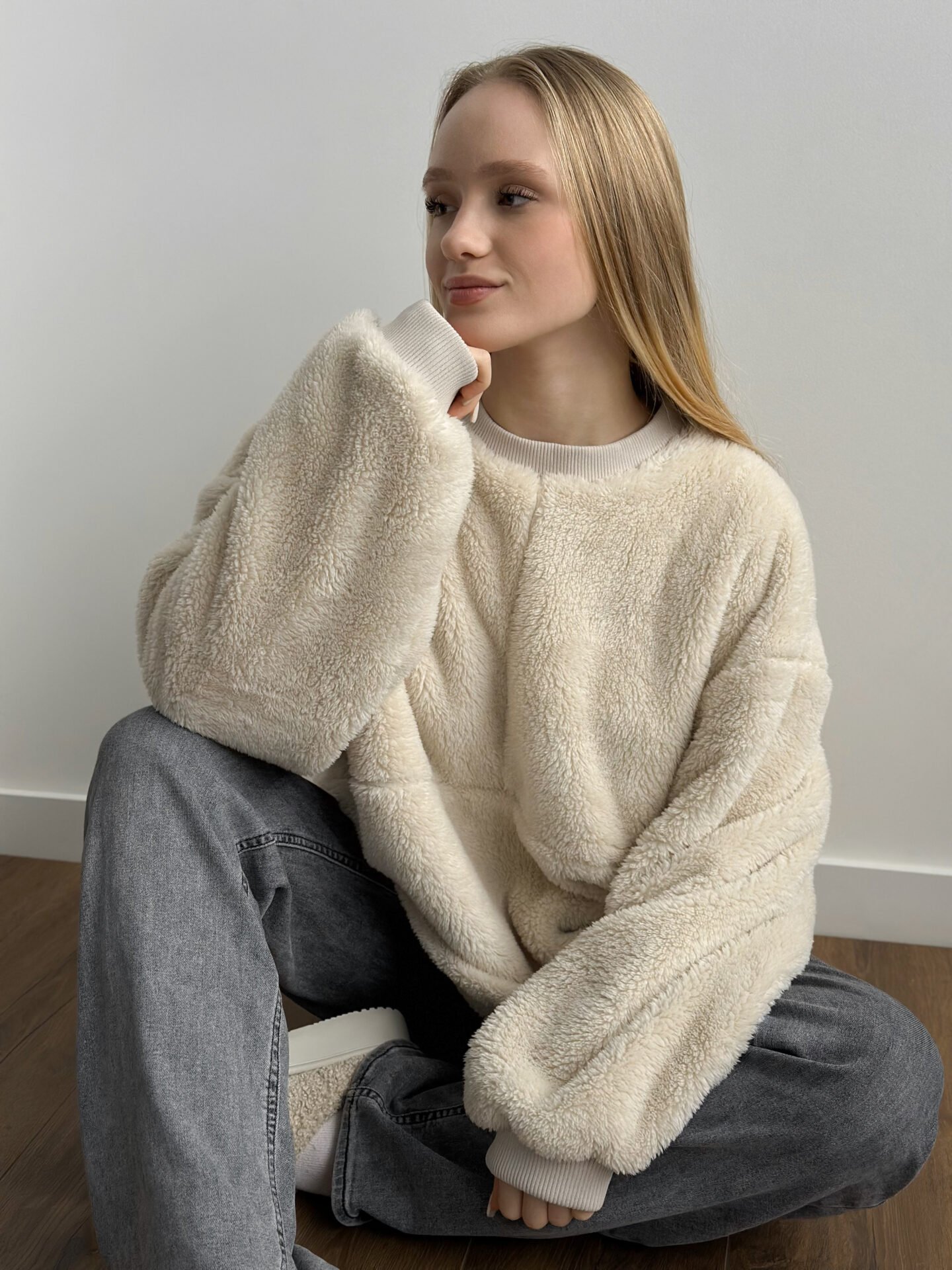 Bluza TEDDY z okantowaniem, z pluszu, mleczna