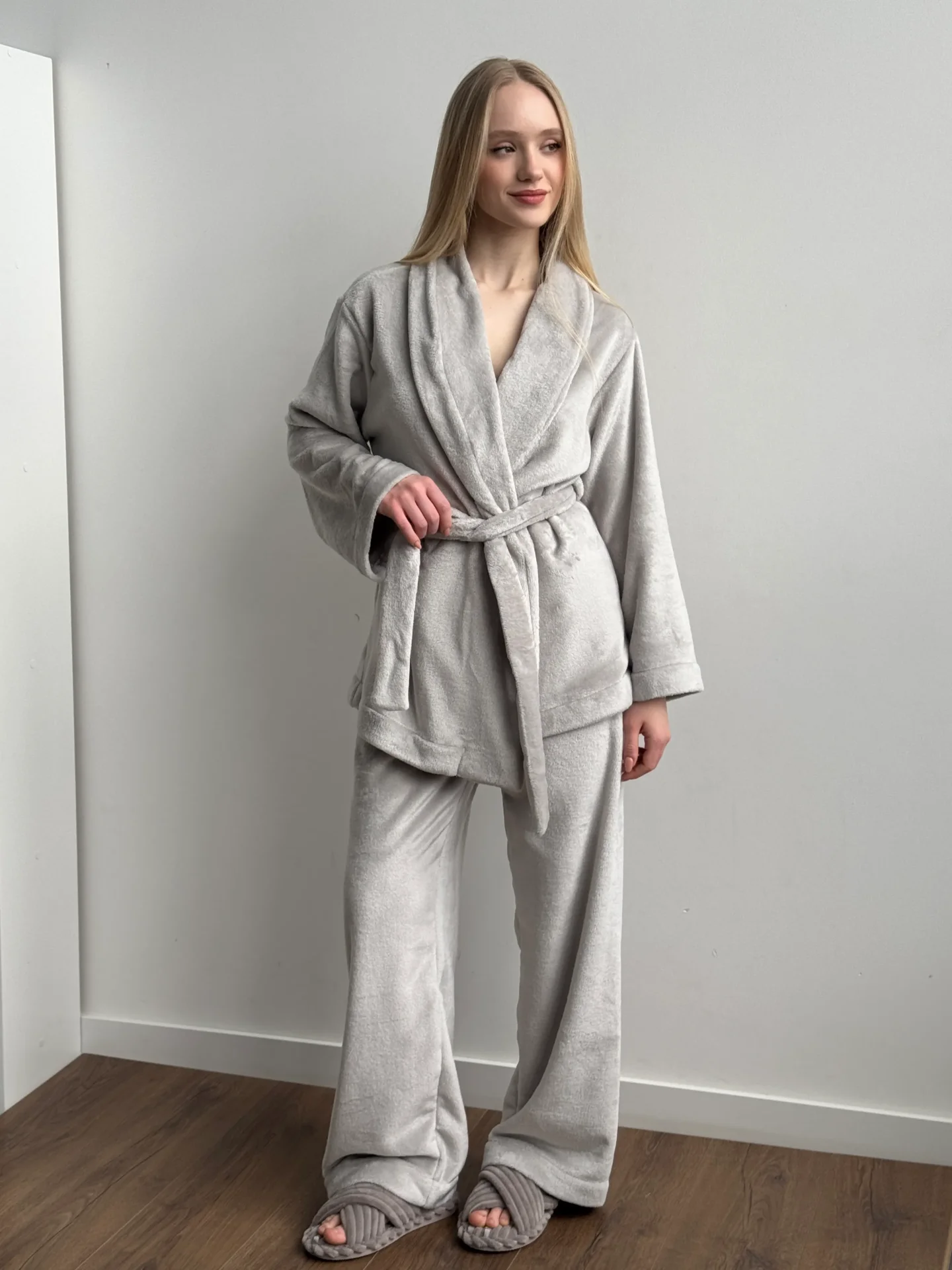 Komplet kimono wiązane i spodnie, z polaru dwustronnego, szary