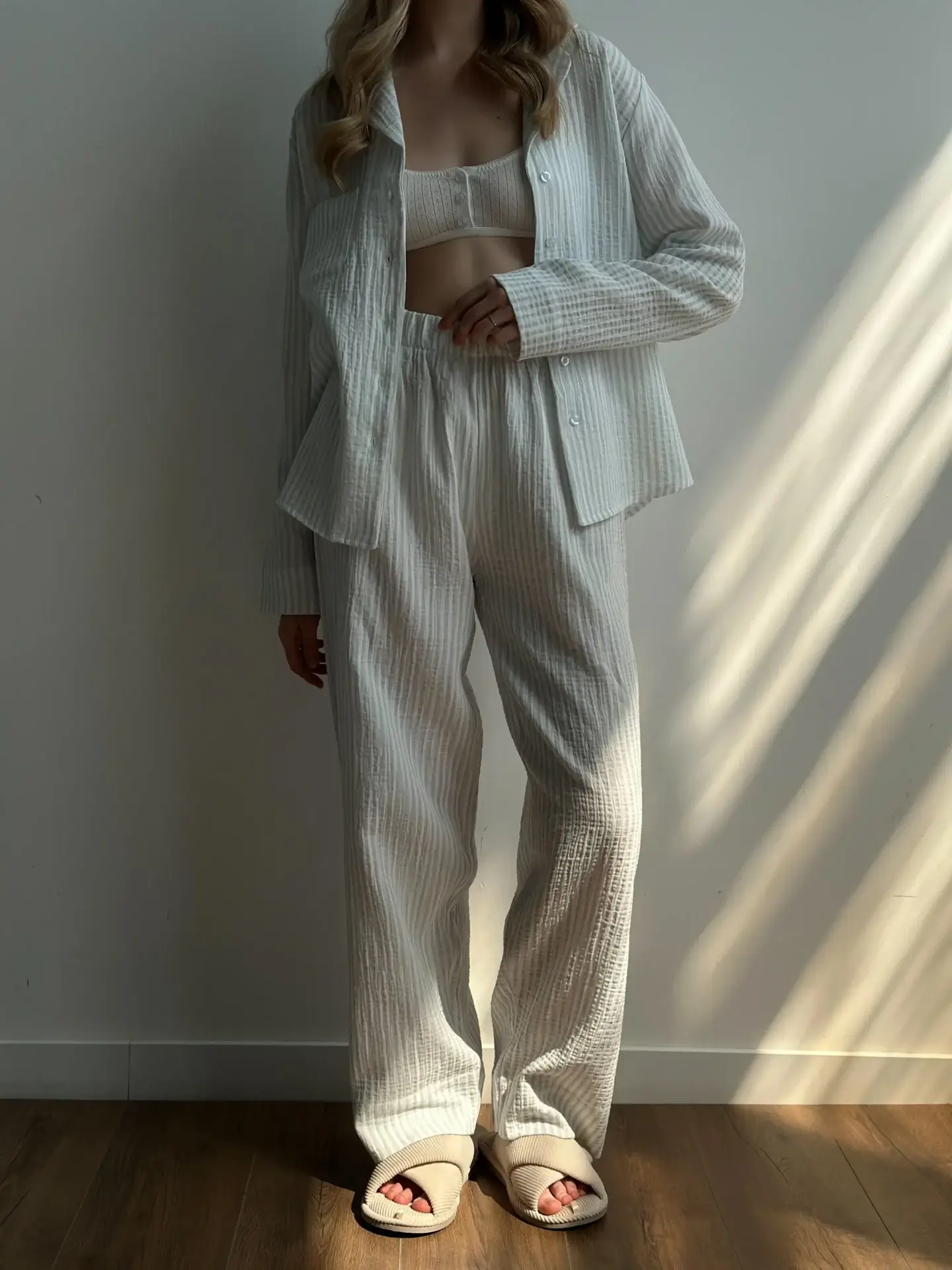 Komplet koszula i spodnie, z muślinu, w szare paski